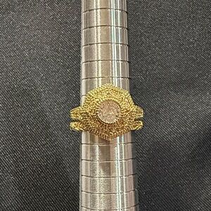 Two Ring Set! Gold-Tone Textured Hexagon Ring with Center Stone & Dainty Band.